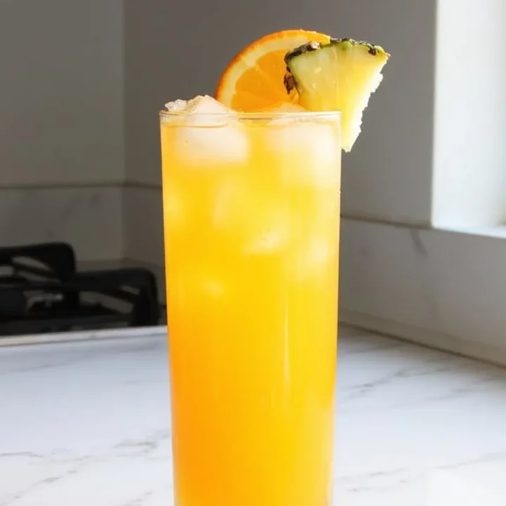 Tall glass of orange juice with ice, garnished with orange and pineapple slices, on a kitchen countertop.