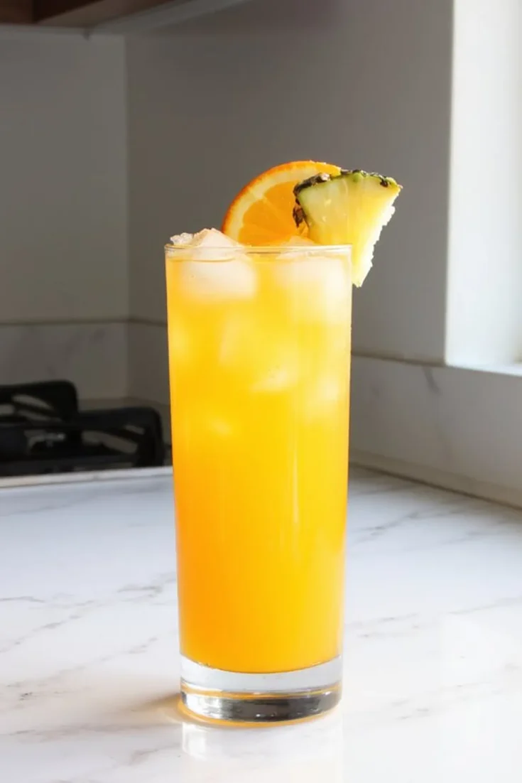 Tall glass of orange juice with ice, garnished with orange and pineapple slices, on a kitchen countertop.