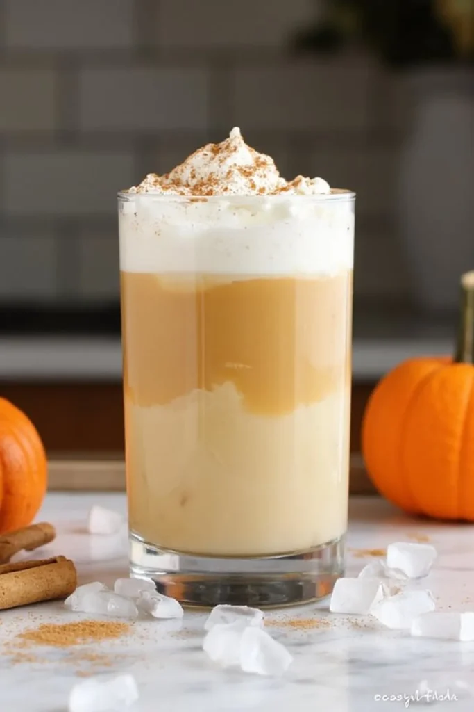 Iced pumpkin spice latte with whipped cream, cinnamon on top, surrounded by mini pumpkins and ice cubes on a table.