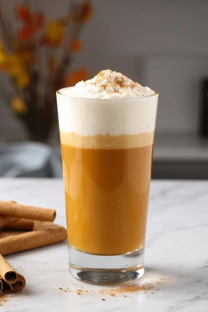 Creamy pumpkin spice latte topped with whipped cream and cinnamon on a marble table, perfect for fall vibes.
