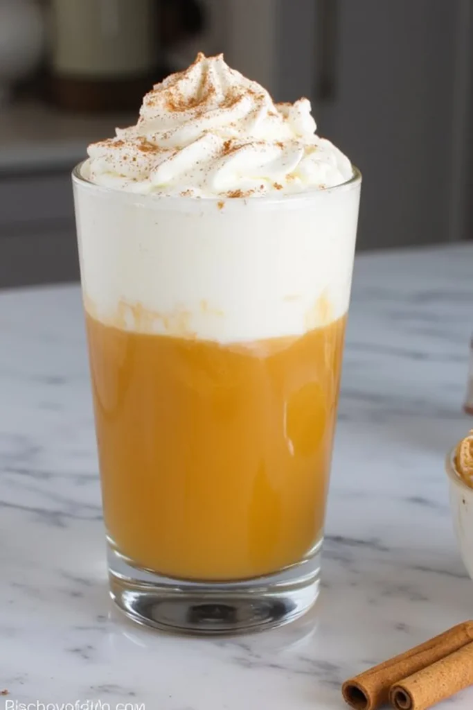 Delicious pumpkin spice latte topped with whipped cream and cinnamon on a marble table.