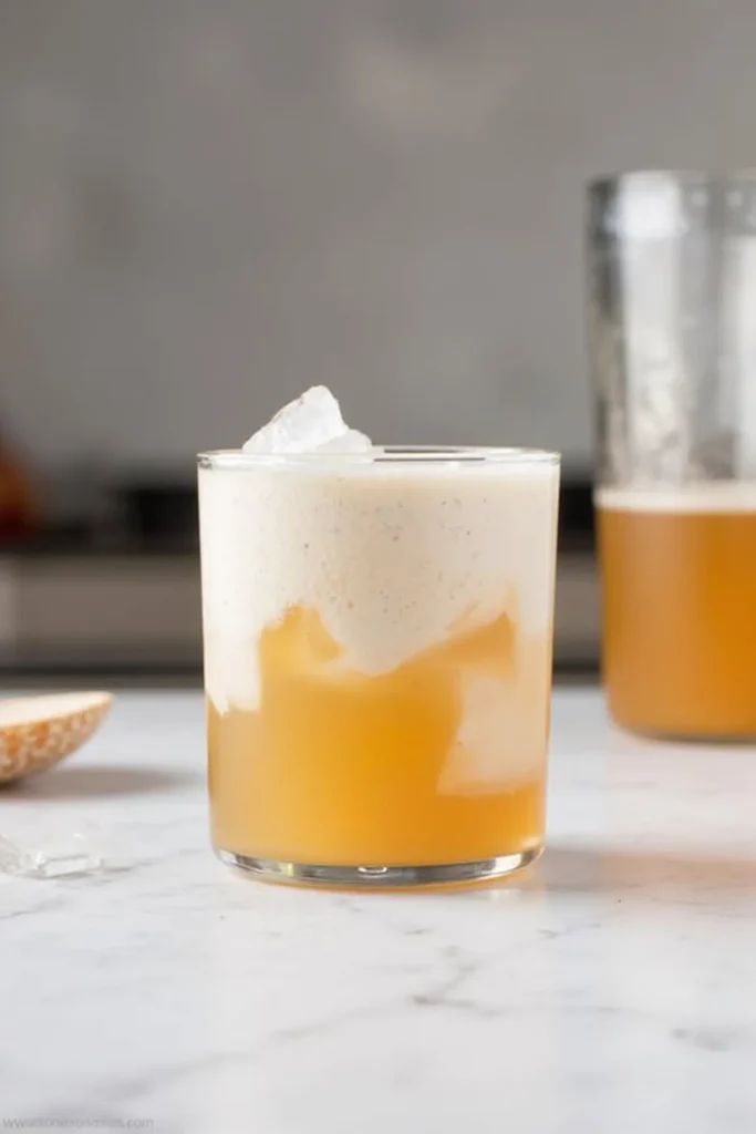 Creamy cocktail with ice cubes on a marble counter, featuring frothy top and amber color. Refreshing drink scene.