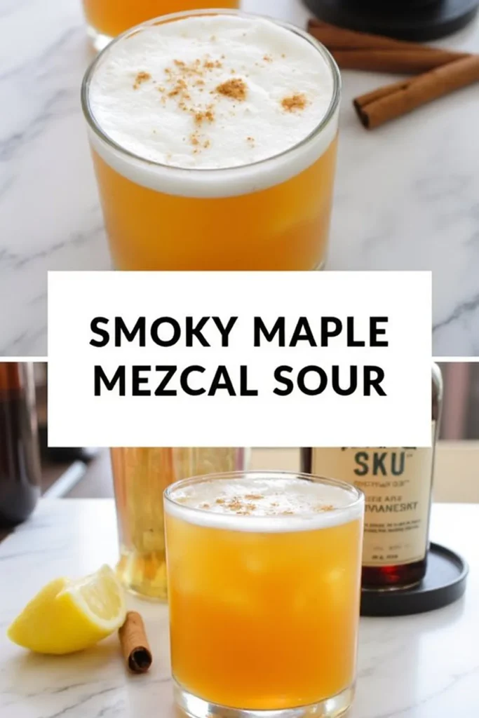 Smoky Maple Mezcal Sour cocktail with frothy top, cinnamon stick, and lemon garnish on a marble table.