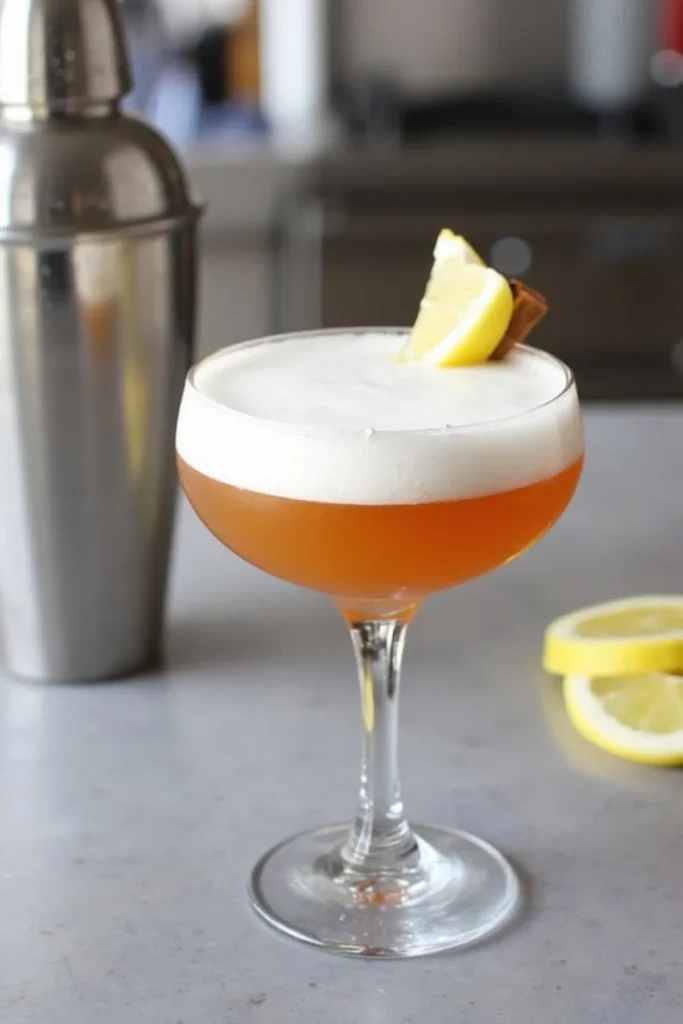 Foamy whiskey sour cocktail with lemon garnish beside stainless steel shaker on a marble countertop.