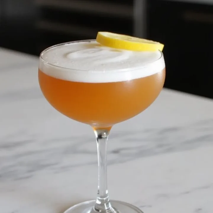 Elegant cocktail in a coupe glass topped with foam and a lemon slice, on a marble countertop.