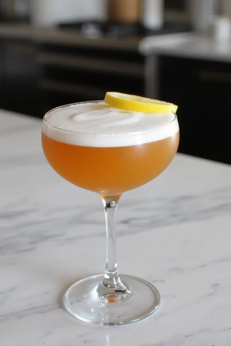 Elegant cocktail in a coupe glass topped with foam and a lemon slice, on a marble countertop.