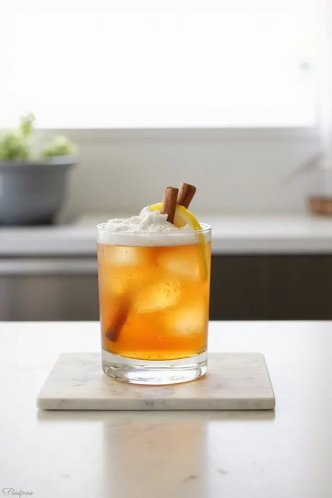 Refreshing iced tea cocktail garnished with whipped cream, lemon twist, and cinnamon sticks on a marble coaster.