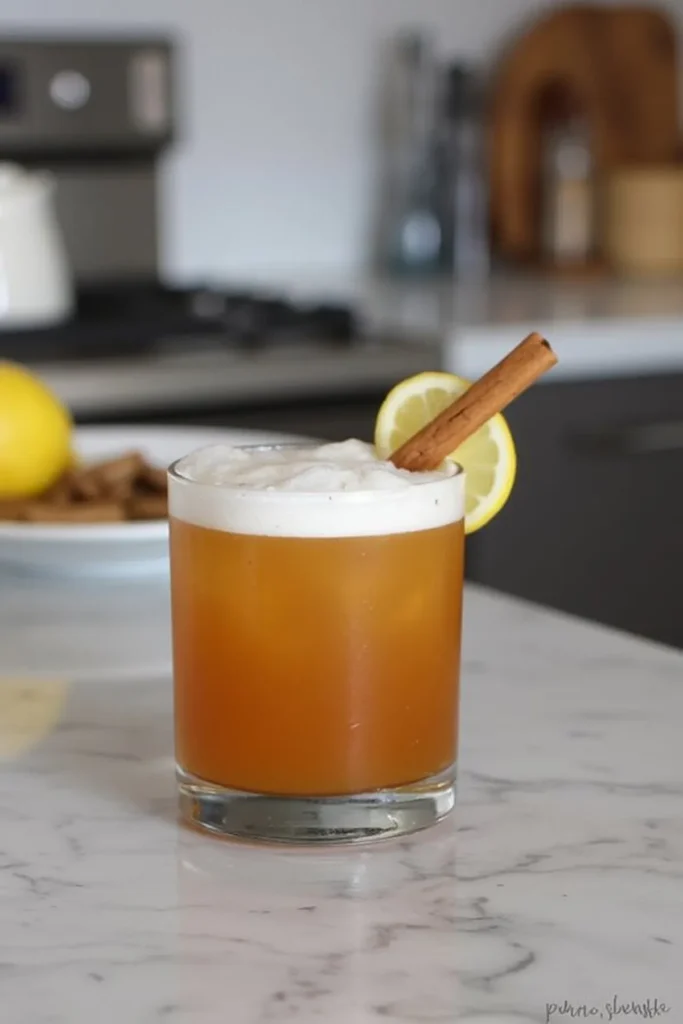 Chilled cocktail with frothy top, garnished with lemon slice and cinnamon stick, on a marble countertop.