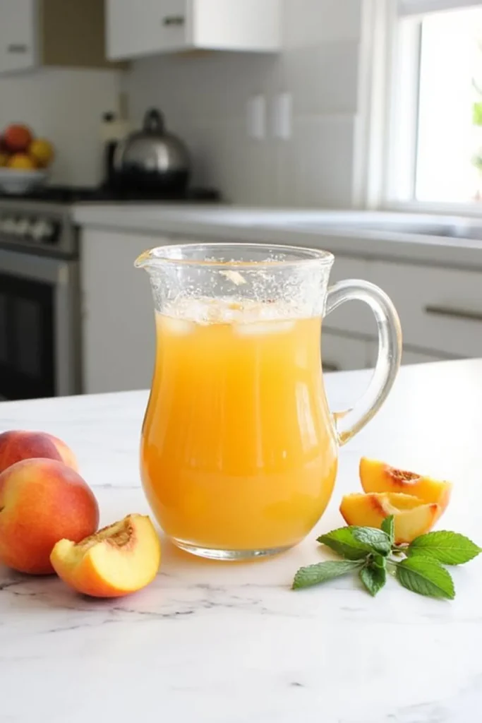 Pitcher of fresh peach juice on a white countertop with whole and sliced peaches nearby.