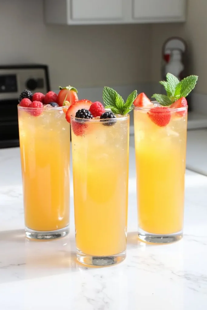 Three refreshing orange cocktails garnished with fresh berries and mint on a marble counter.