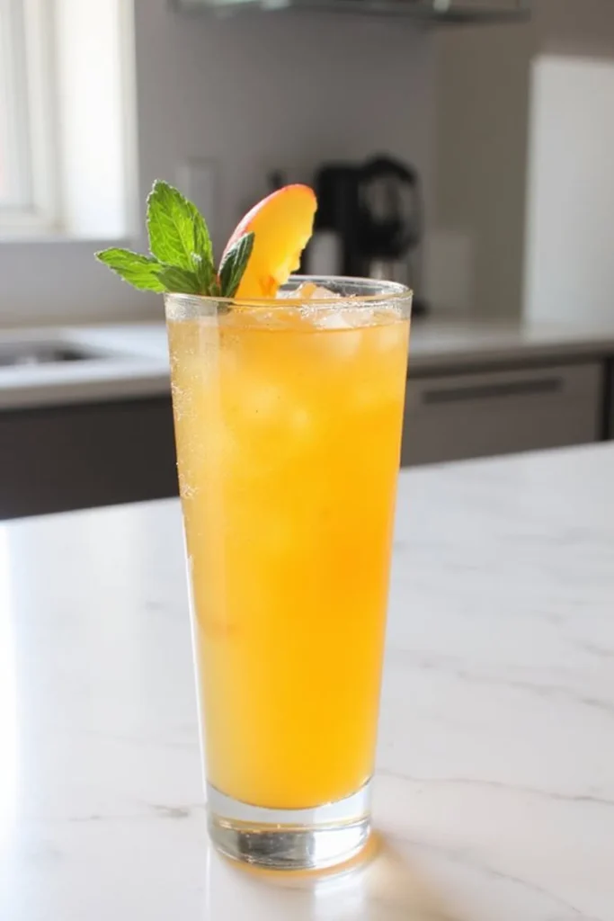 Refreshing iced peach lemonade garnished with mint in a clear glass on a marble countertop.