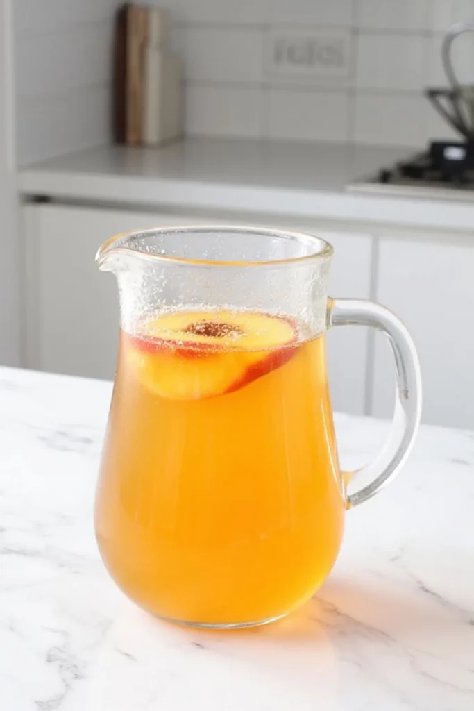 Glass pitcher of refreshing peach iced tea on a marble countertop in a modern kitchen.