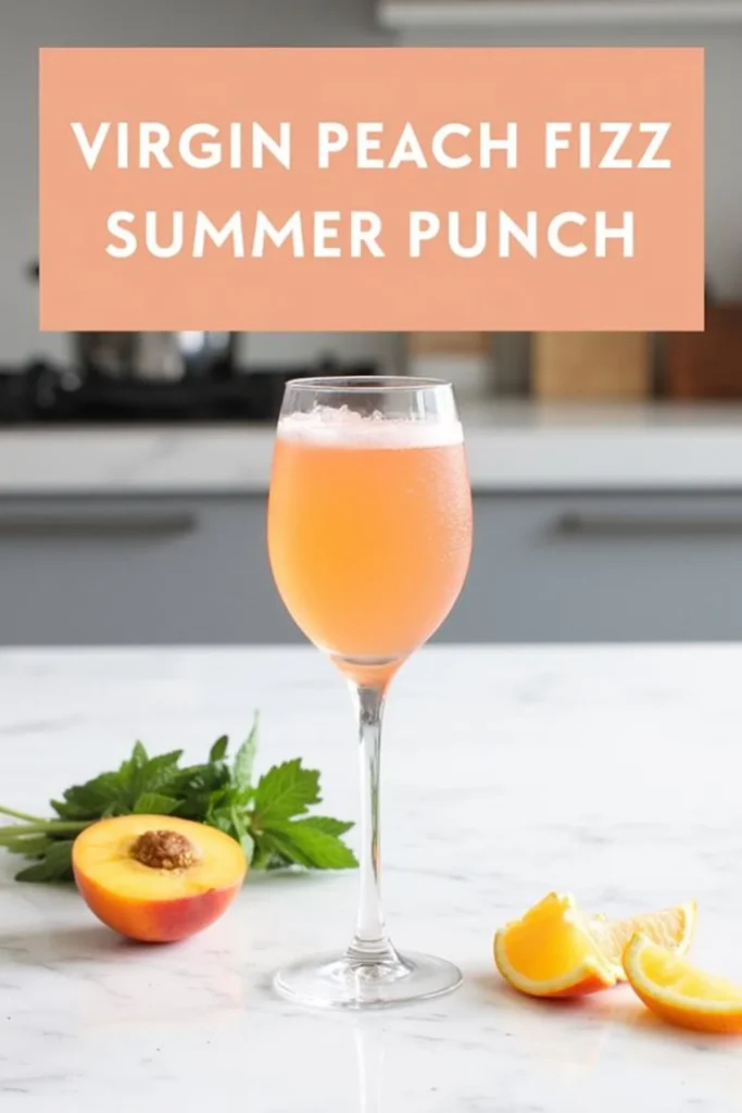Refreshing Virgin Peach Fizz Summer Punch in a glass, surrounded by fresh peach and orange slices on a marble counter.