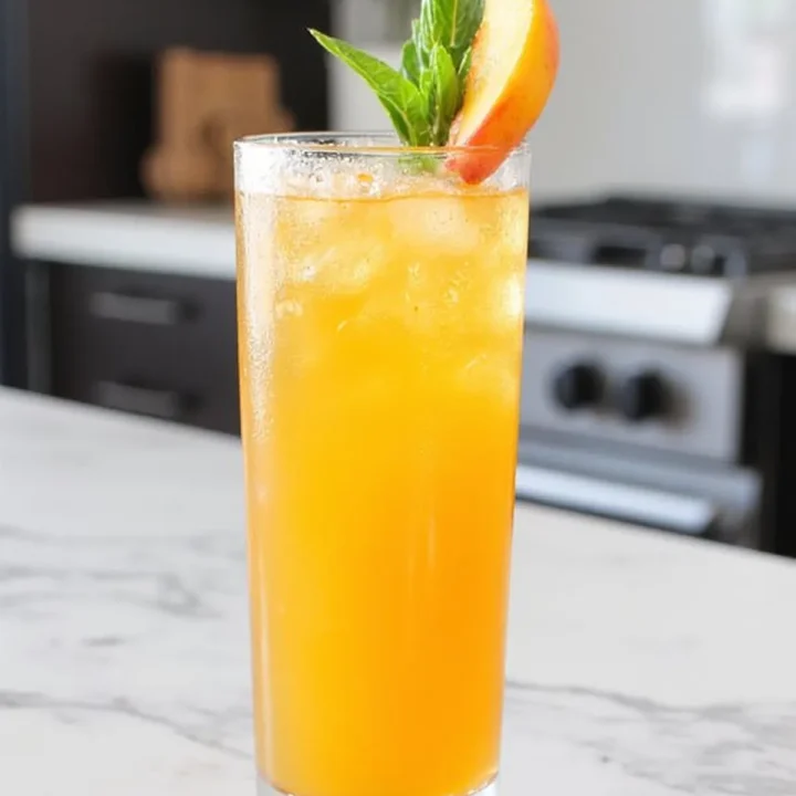 Peach iced tea in a tall glass with fresh mint garnish on a marble countertop. Refreshing summer drink.