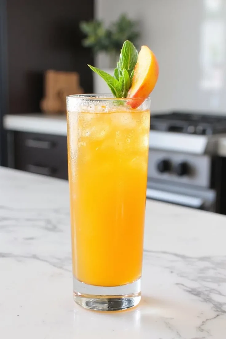 Peach iced tea in a tall glass with fresh mint garnish on a marble countertop. Refreshing summer drink.