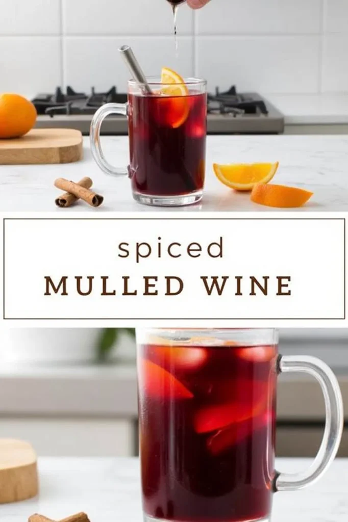 Glass of spiced mulled wine with orange slices and cinnamon sticks, perfect for cozy winter evenings.