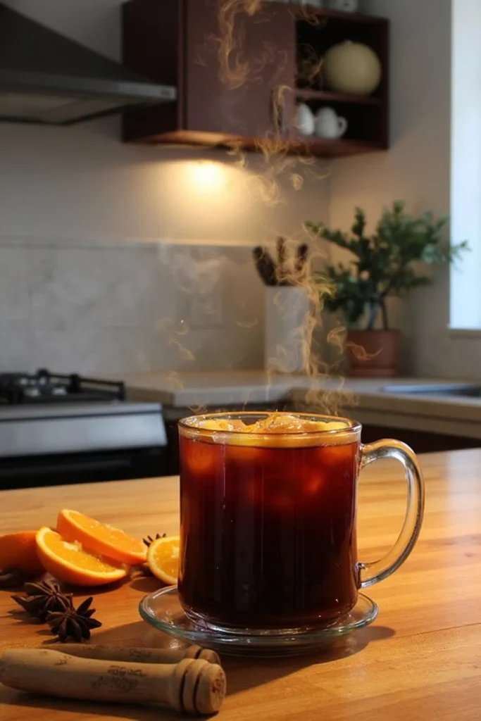 Steaming hot spiced tea with orange slices, anise stars, and a wooden muddler on a cozy kitchen counter.