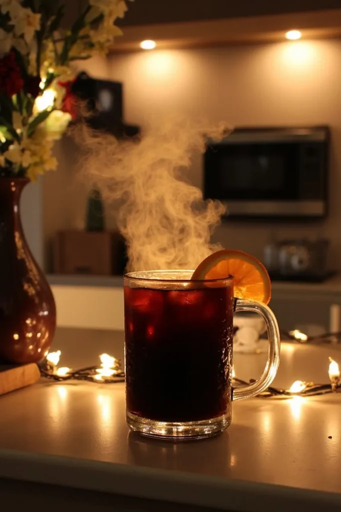 Steaming mug of mulled wine with orange slice in a cozy kitchen setting, warm lighting and festive decor.