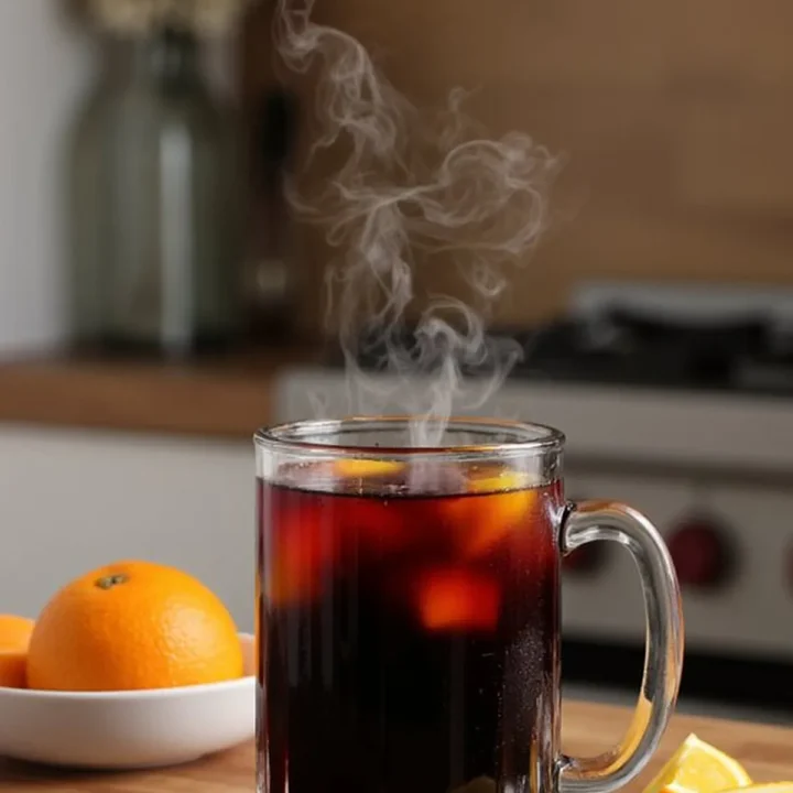 Steaming mug of mulled wine with oranges and cinnamon sticks on a wooden kitchen counter.