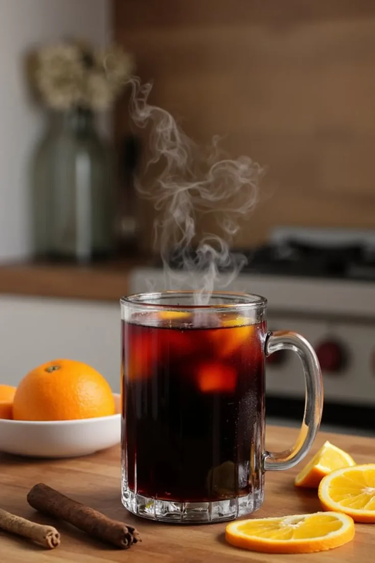 Steaming mug of mulled wine with oranges and cinnamon sticks on a wooden kitchen counter.