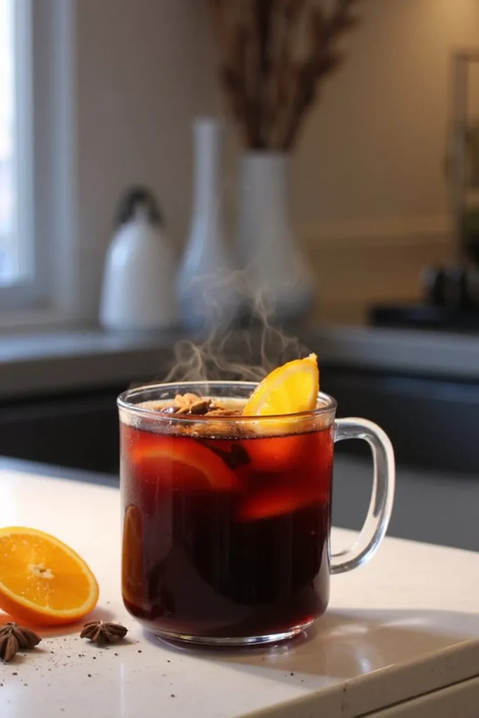 Hot spiced mulled wine with orange slice in a glass mug on a kitchen counter.