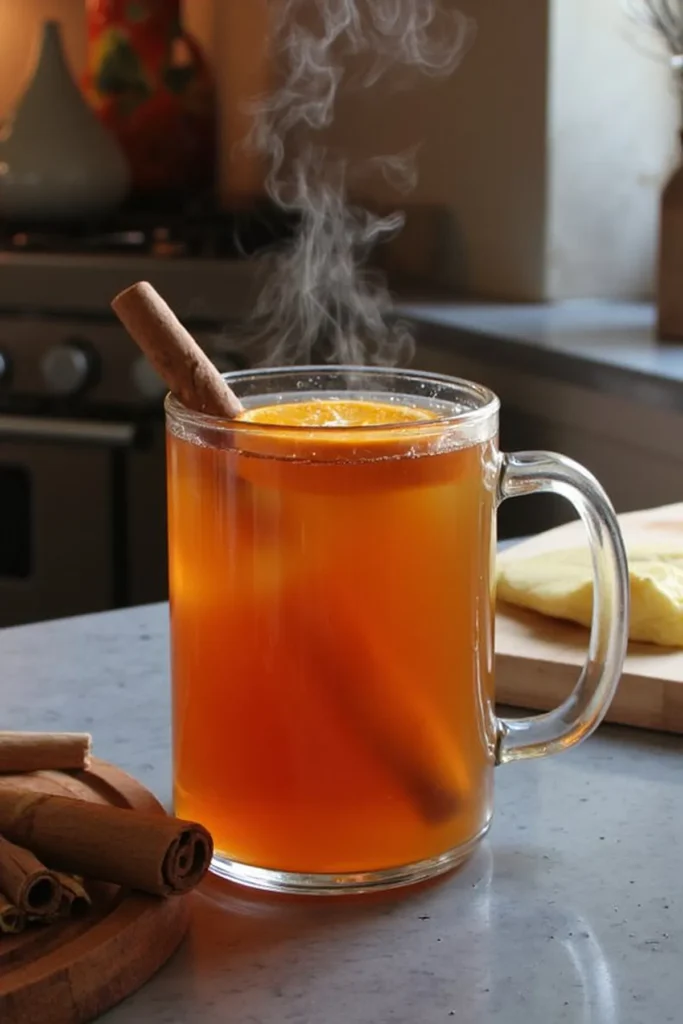 Steaming hot apple cider with orange slice and cinnamon stick in glass mug on a kitchen counter.