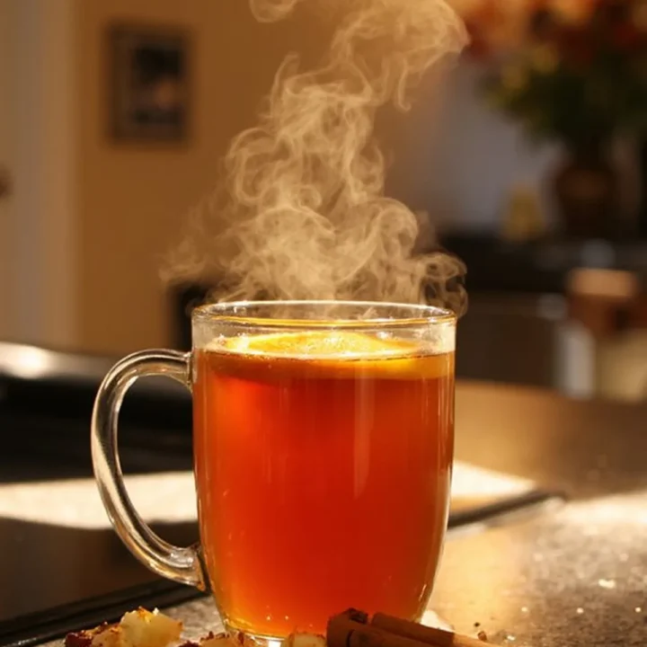 Steaming hot tea with lemon slice, cinnamon sticks, and cookies on a cozy kitchen counter.