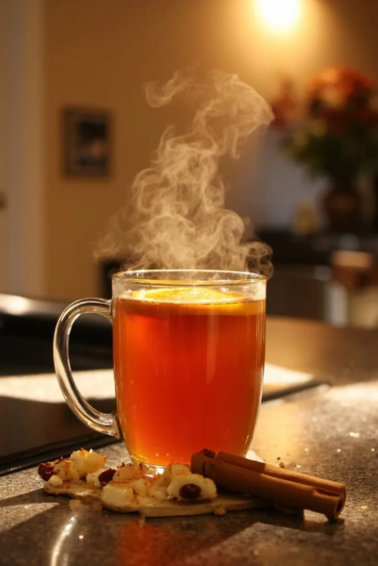 Steaming hot tea with lemon slice, cinnamon sticks, and cookies on a cozy kitchen counter.