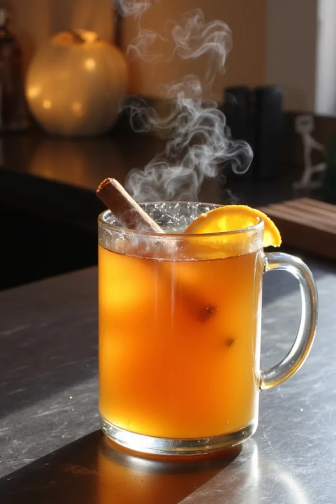 Steaming hot apple cider with cinnamon stick and orange slice in a clear mug on a kitchen counter.