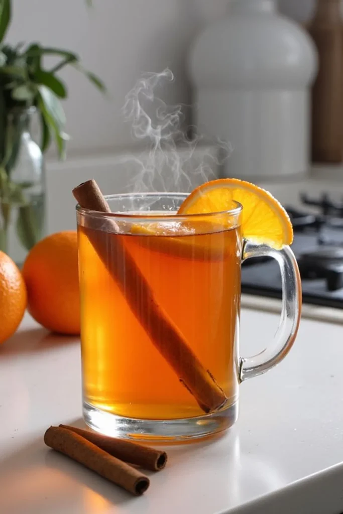 Hot spiced tea with cinnamon and orange slice in a glass mug, on a kitchen counter with fresh oranges in the background.