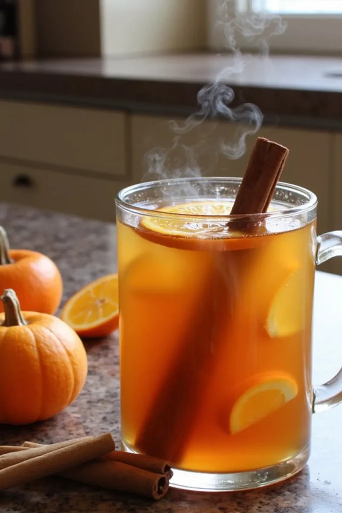 Hot spiced cider with cinnamon and orange slices in a glass mug, surrounded by mini pumpkins on a kitchen counter.