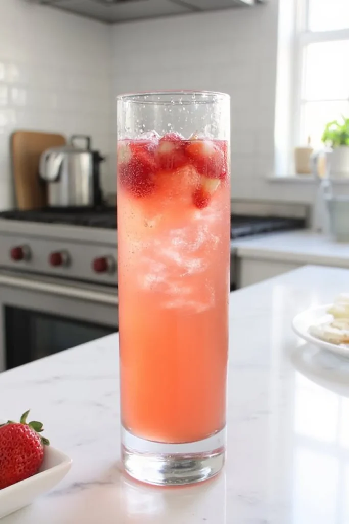 Refreshing strawberry lemonade in tall glass with ice, perfect summer drink on a kitchen counter.