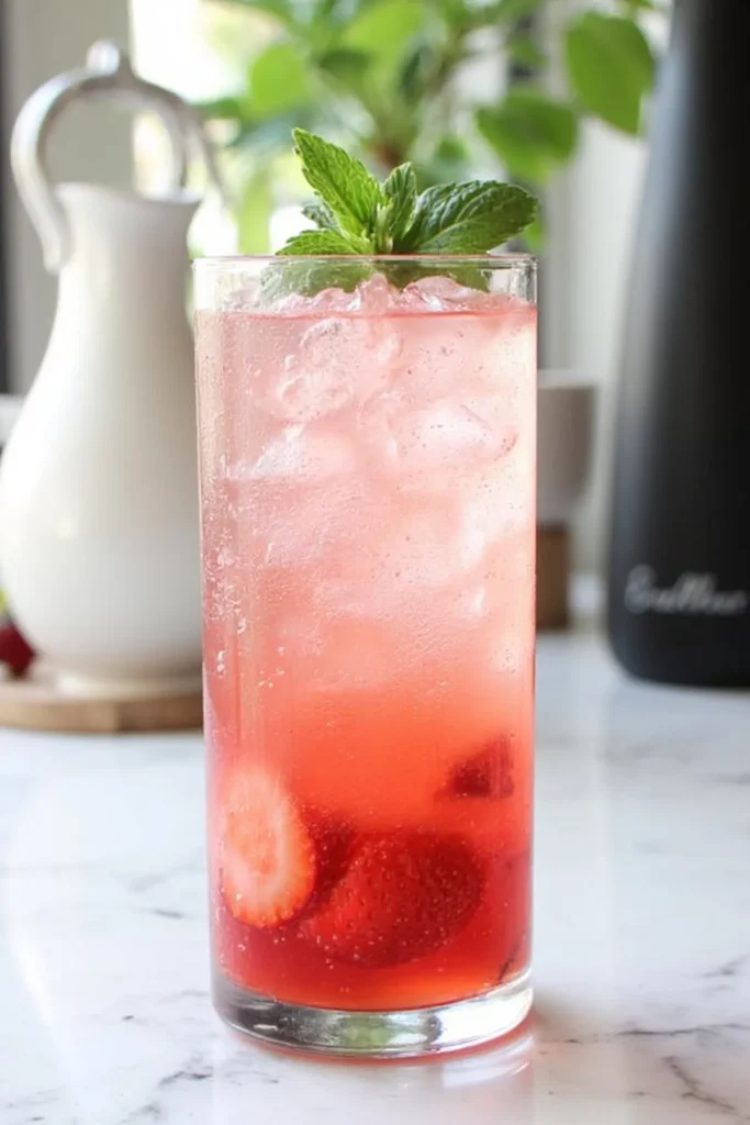 Refreshing strawberry soda with mint garnish, served over ice in a tall glass on a kitchen countertop.