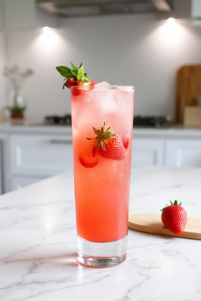 Refreshing strawberry lemonade with ice, garnished with fresh strawberries and mint, in a tall glass on marble surface.