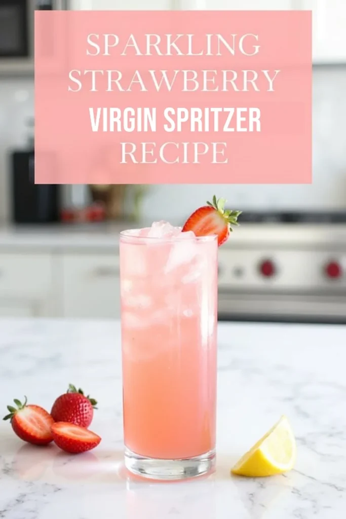 Sparkling strawberry spritzer in a glass with ice, garnished with fresh strawberries and lemon, in a modern kitchen.