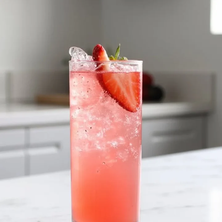 Refreshing pink strawberry cocktail with ice in a tall glass on a kitchen counter.