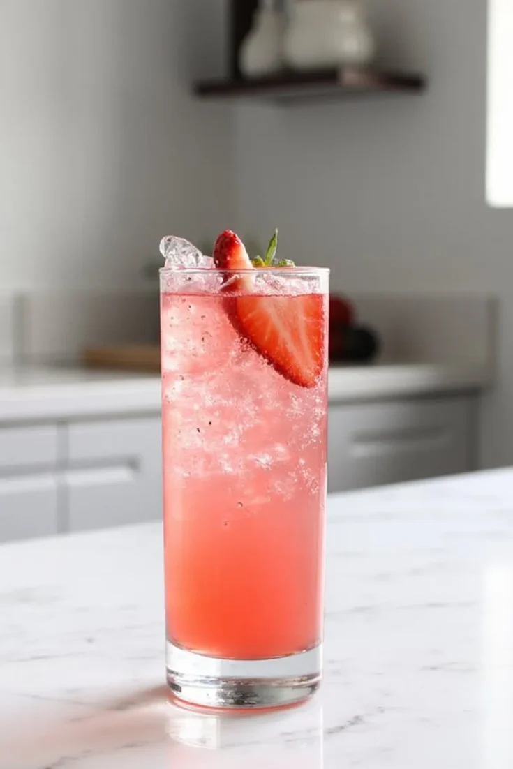 Refreshing pink strawberry cocktail with ice in a tall glass on a kitchen counter.