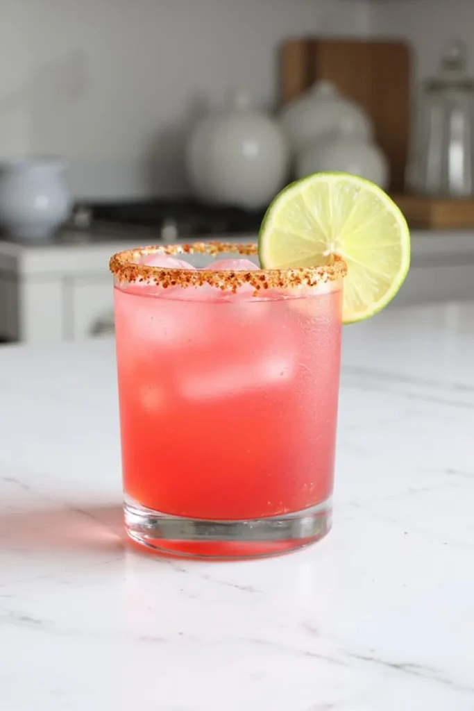 Chilled pink cocktail with lime wedge and spicy rim on marble counter. Refreshing summer drink.