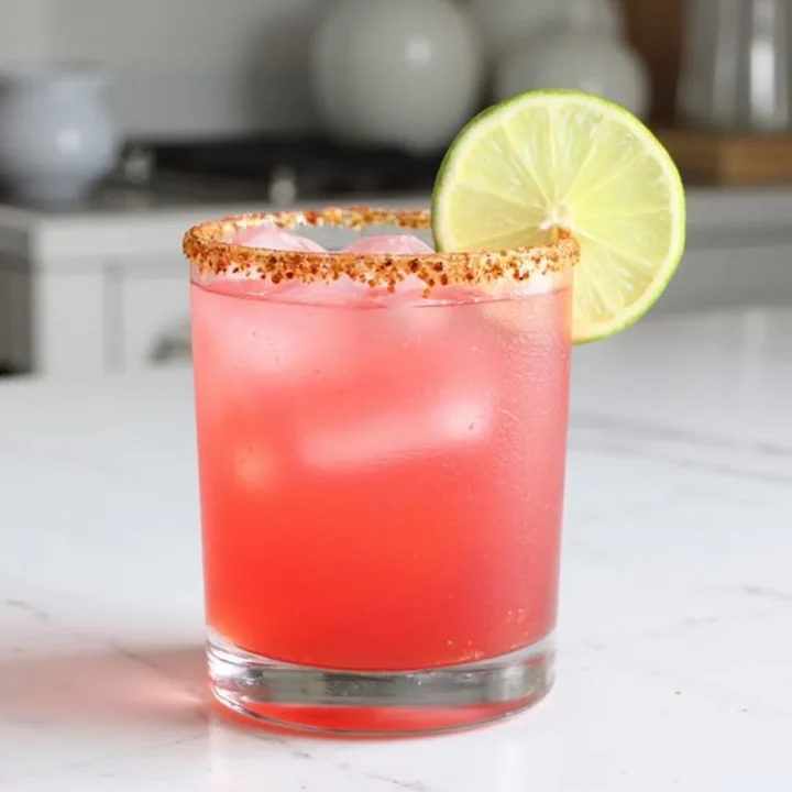 Chilled pink cocktail with lime wedge and spicy rim on marble counter. Refreshing summer drink.