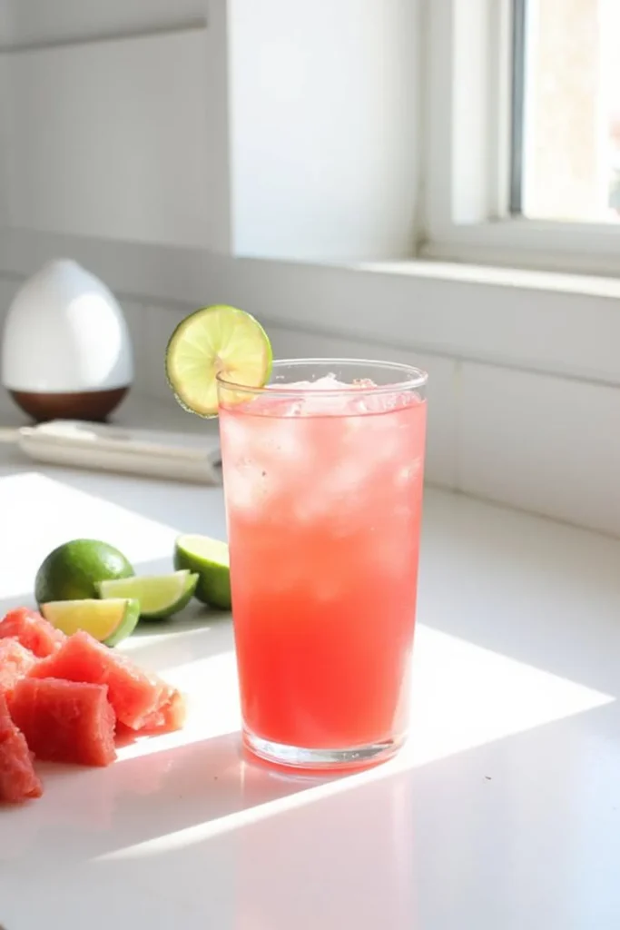 Refreshing watermelon drink with lime slice, surrounded by fresh lime and watermelon on a sunny countertop.