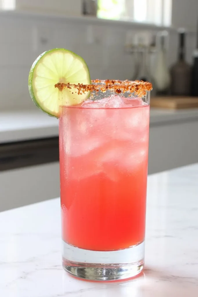 Refreshing red cocktail with lime slice and spiced rim on a marble countertop. Perfect for summer sipping.