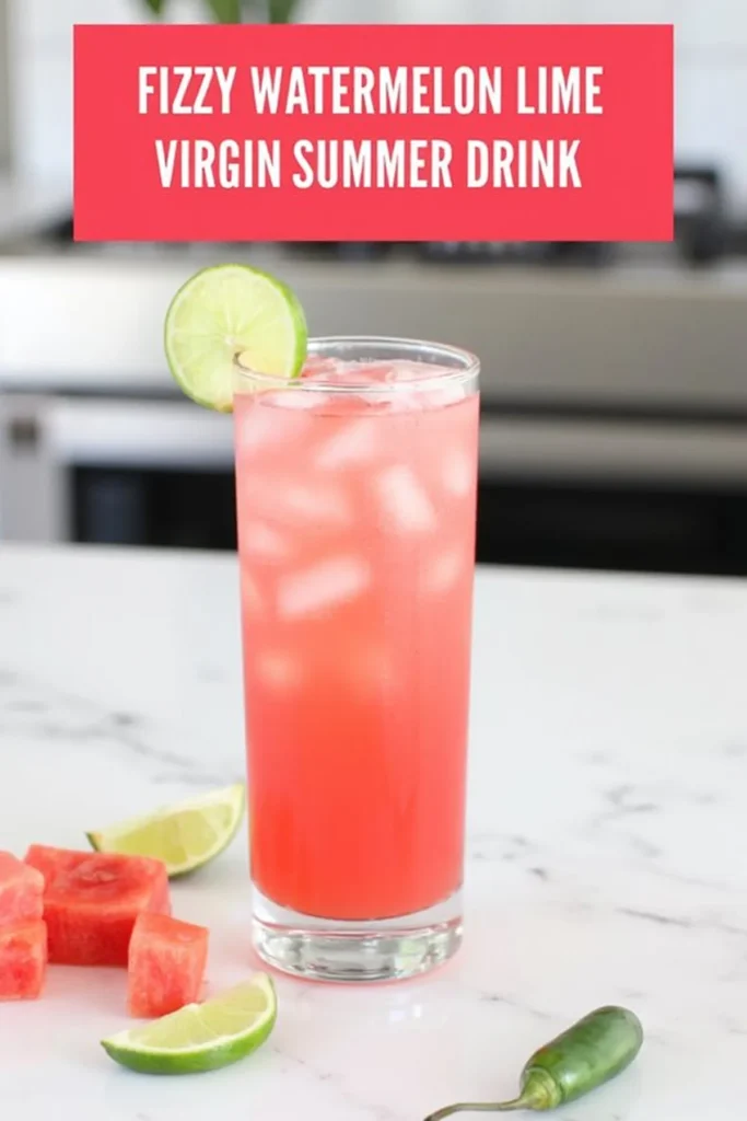 Fizzy watermelon lime drink with ice, garnished with lime slice, on marble counter. Ideal summer twang mocktail