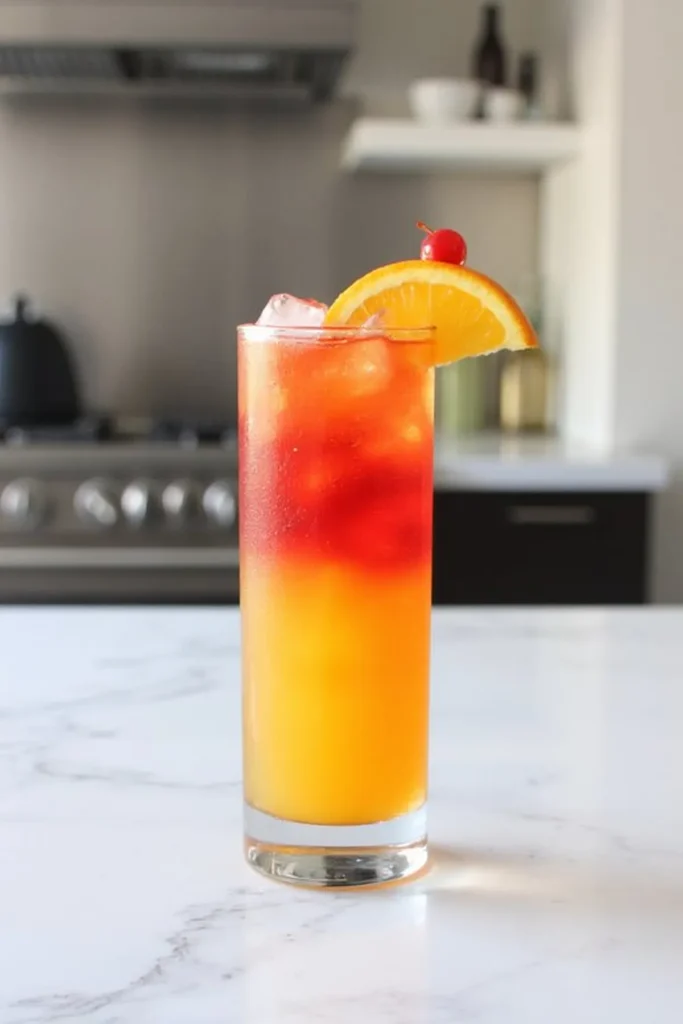 Tall glass of refreshing tequila sunrise cocktail with orange slice and cherry garnish on a marble counter.Tequila Sunrise Orange Mocktail
