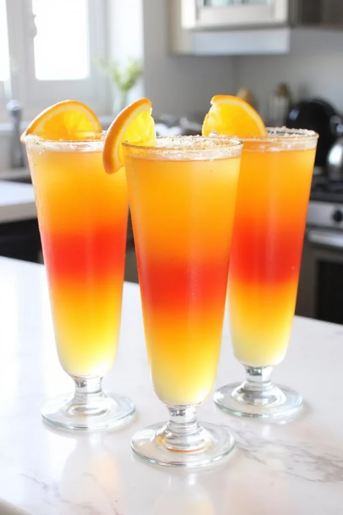 Three vibrant sunrise cocktails with orange slices on a marble counter, perfect for summer refreshment.
