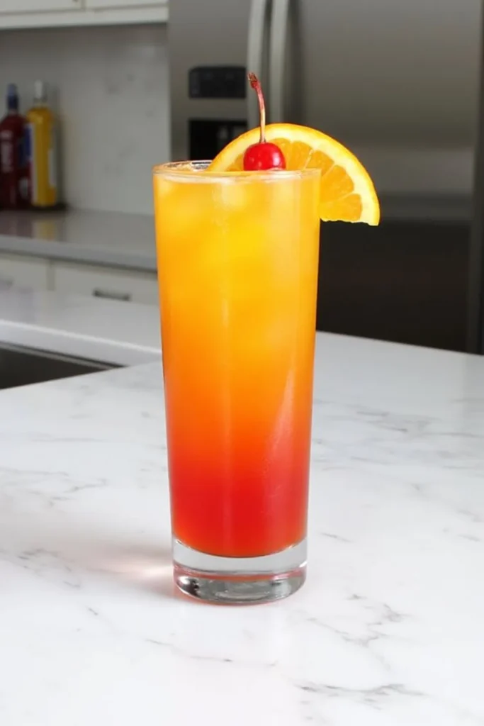 Vibrant tequila sunrise cocktail with orange slice and cherry garnish on marble countertop. Perfect summer drink.
