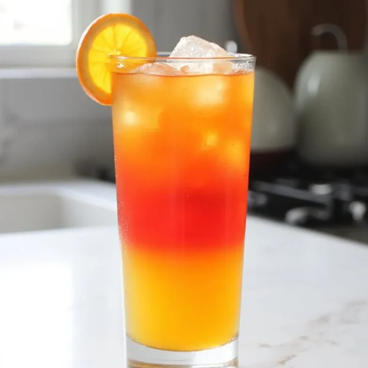 Vibrant sunrise cocktail with orange slice garnish on a kitchen counter.