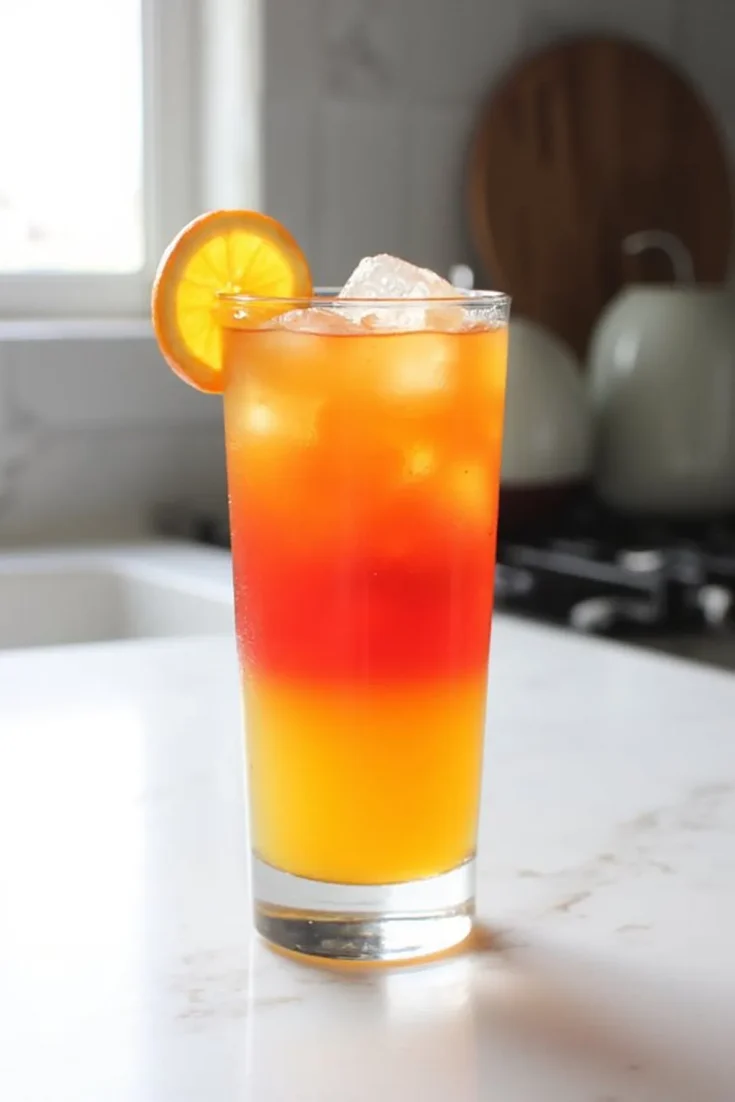 Vibrant sunrise cocktail with orange slice garnish on a kitchen counter.