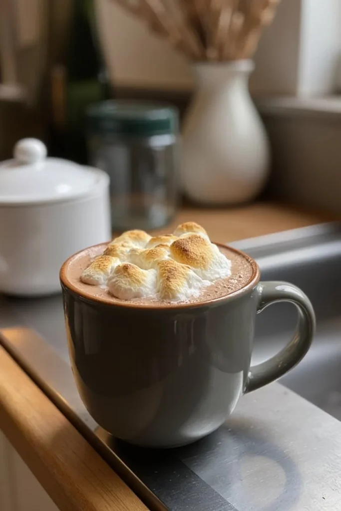Cozy hot chocolate topped with toasted marshmallows in a dark mug on a kitchen counter.