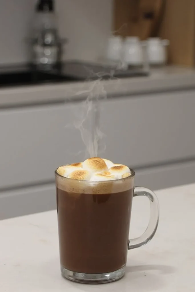 Steaming hot chocolate with toasted marshmallows in a glass mug on a kitchen counter. Cozy winter beverage.
