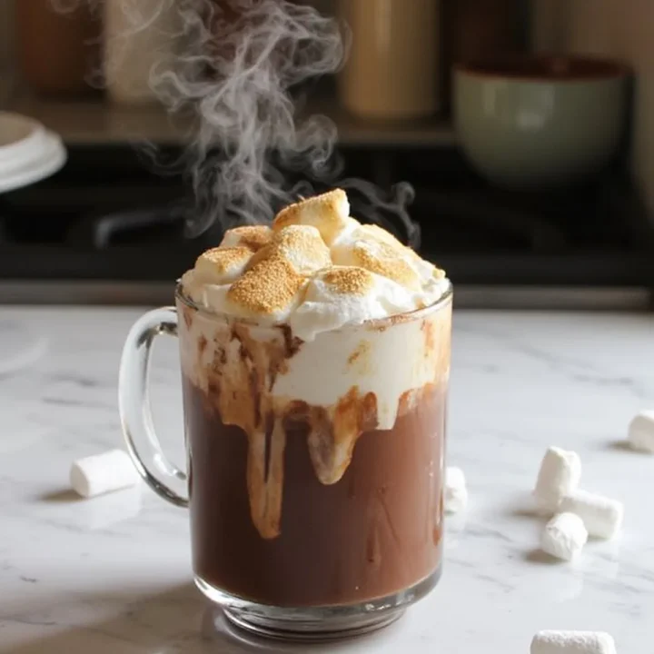 Steaming hot chocolate with toasted marshmallows in a glass mug on a marble counter.